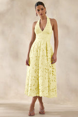 Maribel | Lemon Lace Plunge-Neck Midi Dress