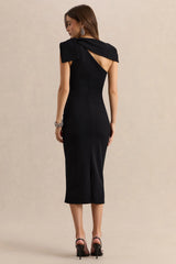 Clarina | Black Asymmetric-Neck Midi Dress With Bow-Detail