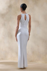 Neria | White Satin And Lace Crew-Neck Maxi Dress With Draped Wrap-Skirt