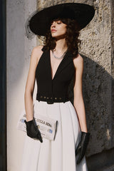 Alessa | Black & White Plunge-Neck Tailored Midi Dress