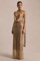 Anele | Gold Sequin High-Neck Sheer Maxi Dress With Sash And Open-Back