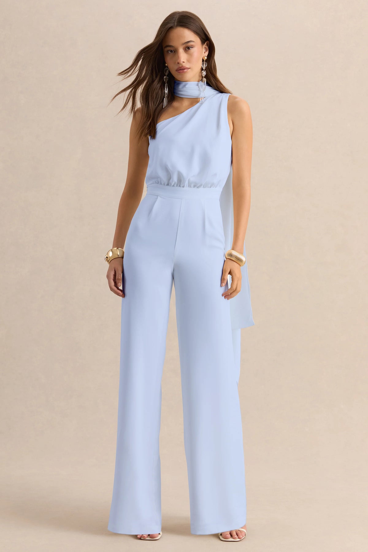 Gliselle | Powder Blue Asymmetric-Neck Jumpsuit With Scarf-Detail