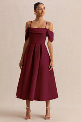 Cosima | Burgundy Bardot-Neck Midi Dress