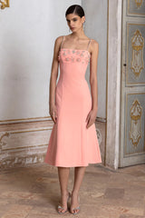 One To Remember | Coral Square-Neck Embellished Midi Dress