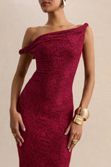 Afina | Burgundy Lace Asymmetric-Neck Maxi Dress