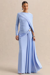 Orintha | Powder Blue Wide-Neck Maxi Dress With Cape And Gold-Detail