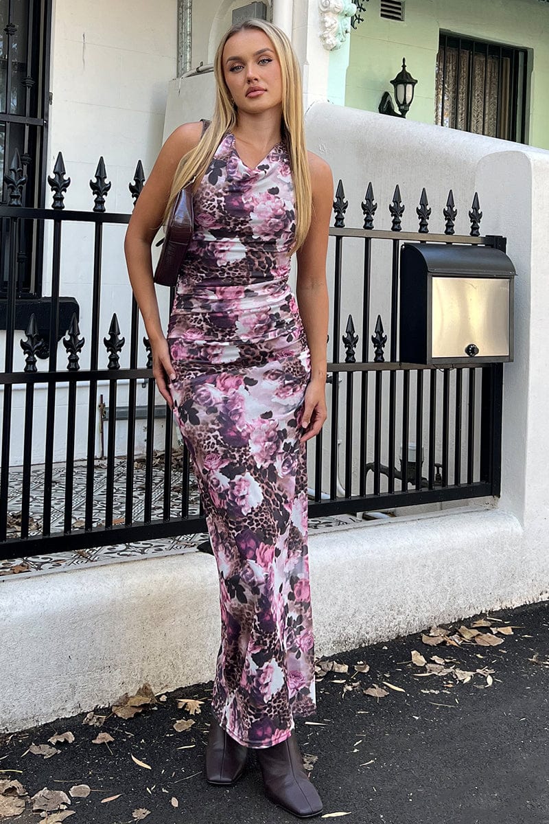 Brown Animal Print Bodycon Dress Halter Neck