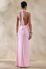 Rosina | Pink Halter-Neck Draped Maxi Dress With Sash