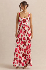 Danika | Hot Pink Floral Print Square-Neck Belted Maxi Dress With Pleated Skirt