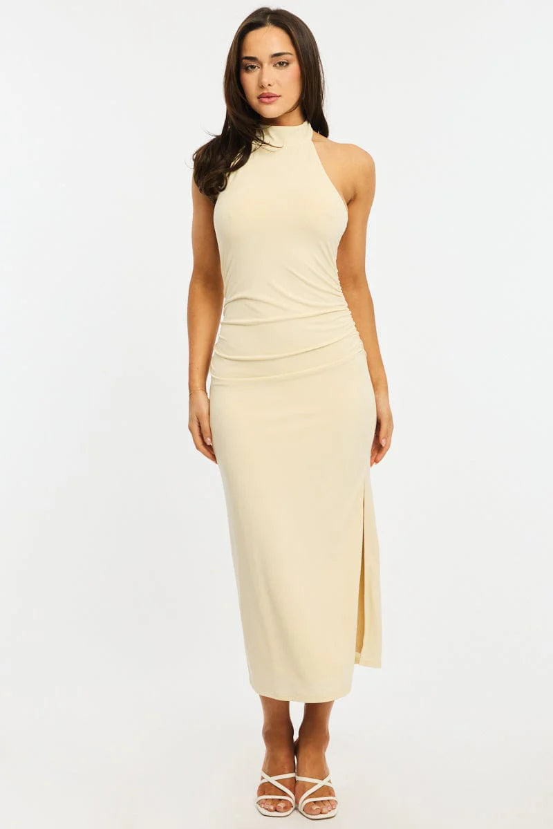 Yellow Bodycon Dress High Neck Side Ruched