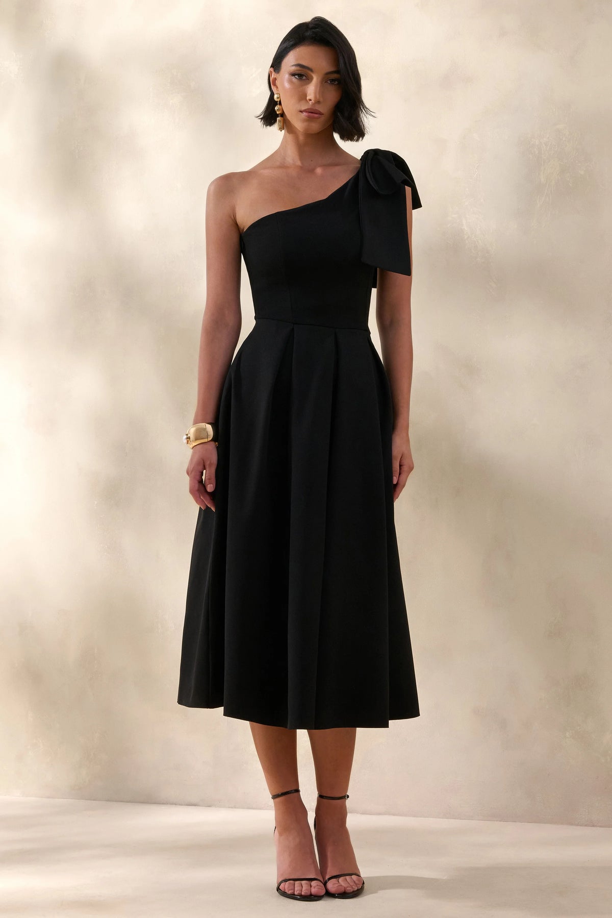 Meria | Black Asymmetric-Neck Midi Dress With Bow-Sleeve