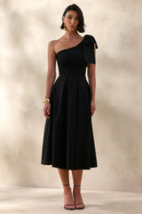 Meria | Black Asymmetric-Neck Midi Dress With Bow-Sleeve