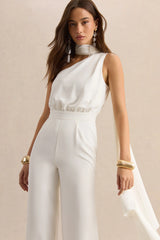 Gliselle | White Asymmetric-Neck Jumpsuit With Scarf-Detail