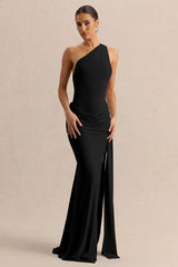Belrose | Black Asymmetric-Neck Maxi Dress With Gold-Detail And Front-High Split