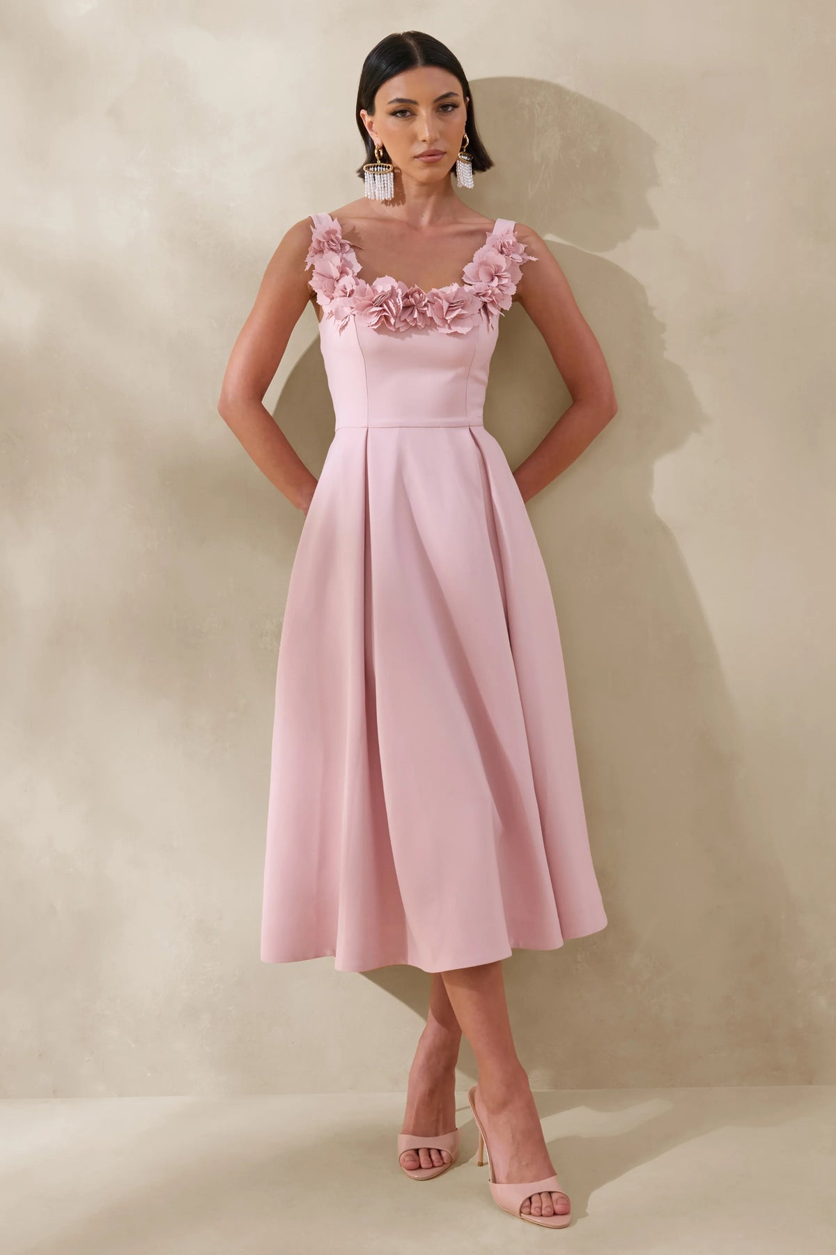 Maelle | Pink Scoop-Neck Midi Dress With Corsage Detailing