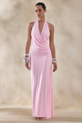 Rosina | Pink Halter-Neck Draped Maxi Dress With Sash