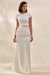 Whispera | Cream Crew-Neck Maxi Dress With Satin Skirt And Pocket-Details