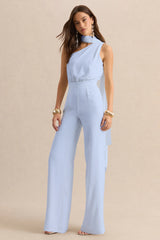Gliselle | Powder Blue Asymmetric-Neck Jumpsuit With Scarf-Detail