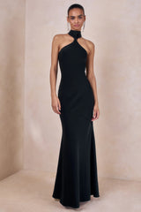 Bellora | Black Satin Halter-Neck Maxi Dress With Scarf-Detail
