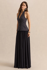 Zarina | Black & White Polka-Dot Plunge-Neck Maxi Dress