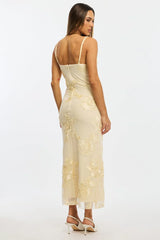Yellow Bodycon Dress Embroidered Mesh