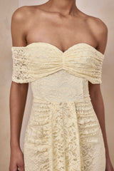 Aries | Lemon Lace Bardot-Neck Maxi Dress With Gathered Detailing