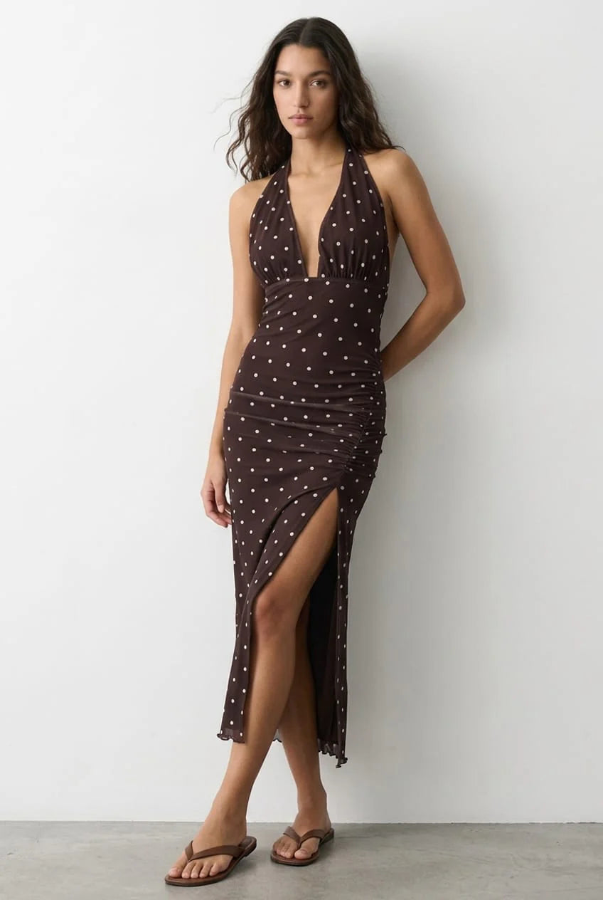 Brown Polka Dot Bodycon Dress Mesh