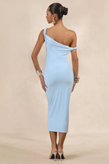 Sarafina | Light Blue Twisted Asymmetric-Neck Midi Dress
