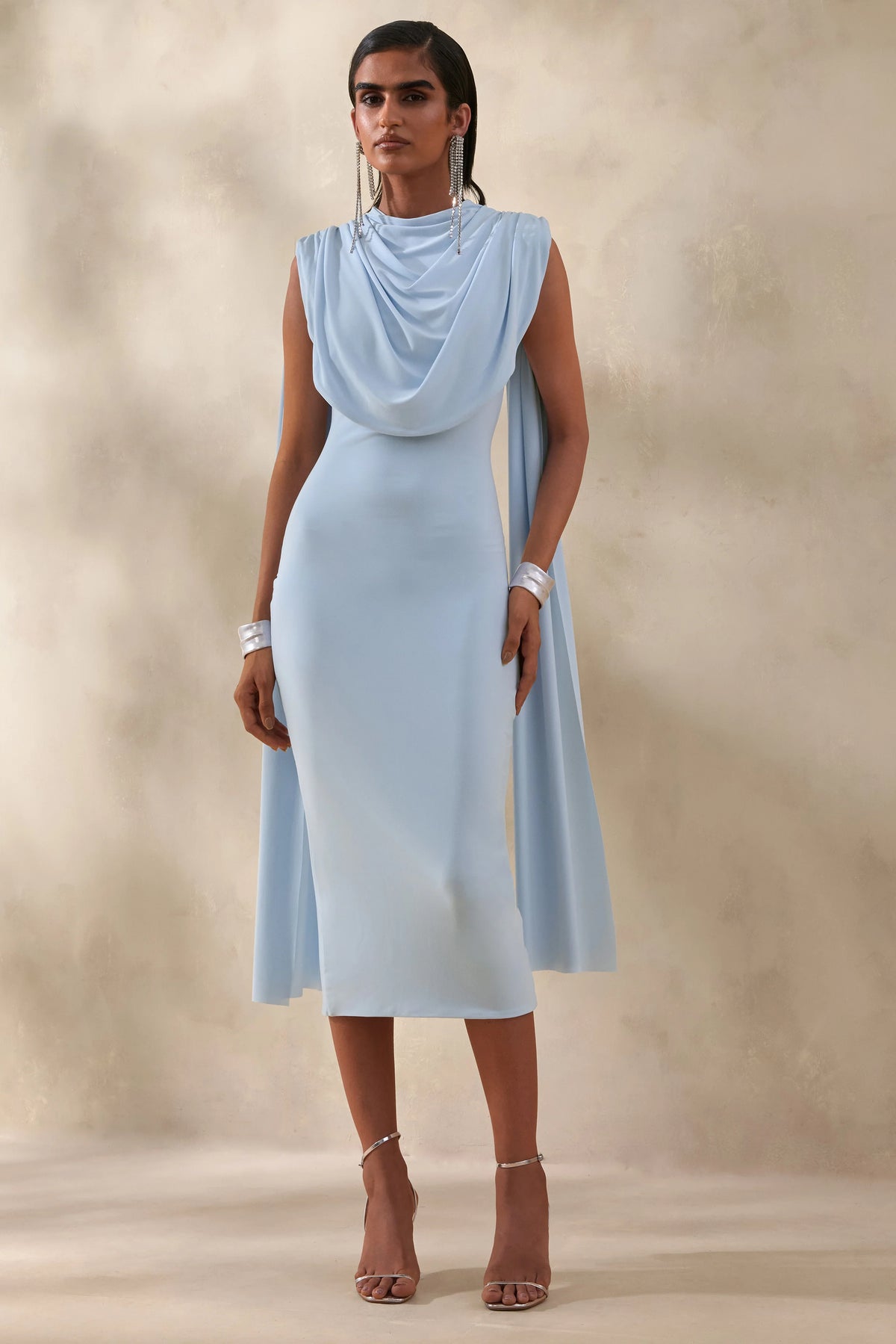 Lysandria | Powder Blue High-Neck Midi Dress With Draped-Detailing