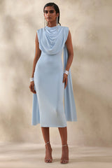 Lysandria | Powder Blue High-Neck Midi Dress With Draped-Detailing