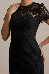 Clarissa | Black Lace Short-Sleeve Midi Dress