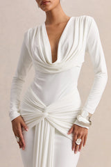Palerma | White Draped Cowl-Neck Maxi-Dress With Gathered-Detailing