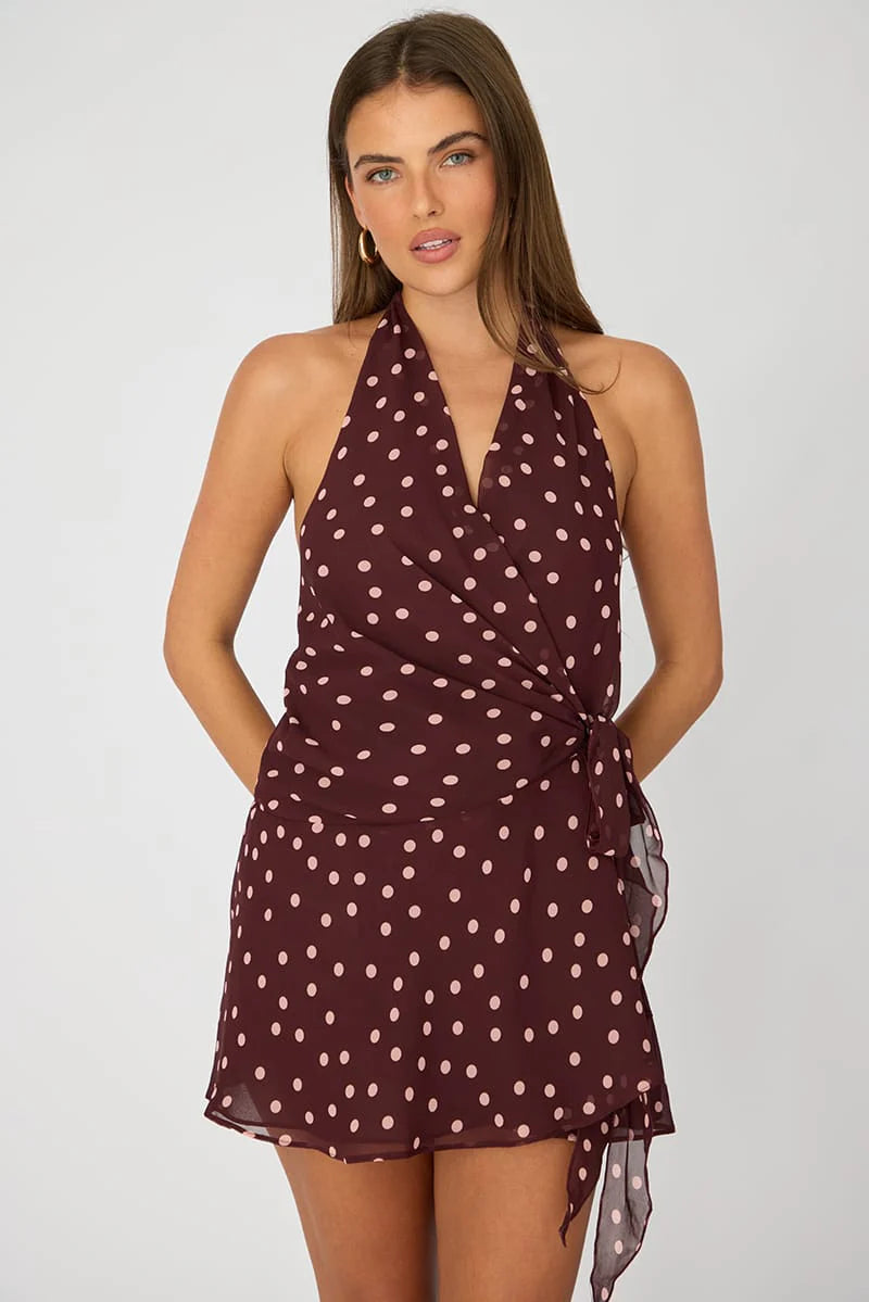 Red Polka Dot Wrap Dress Halter Neck Mini