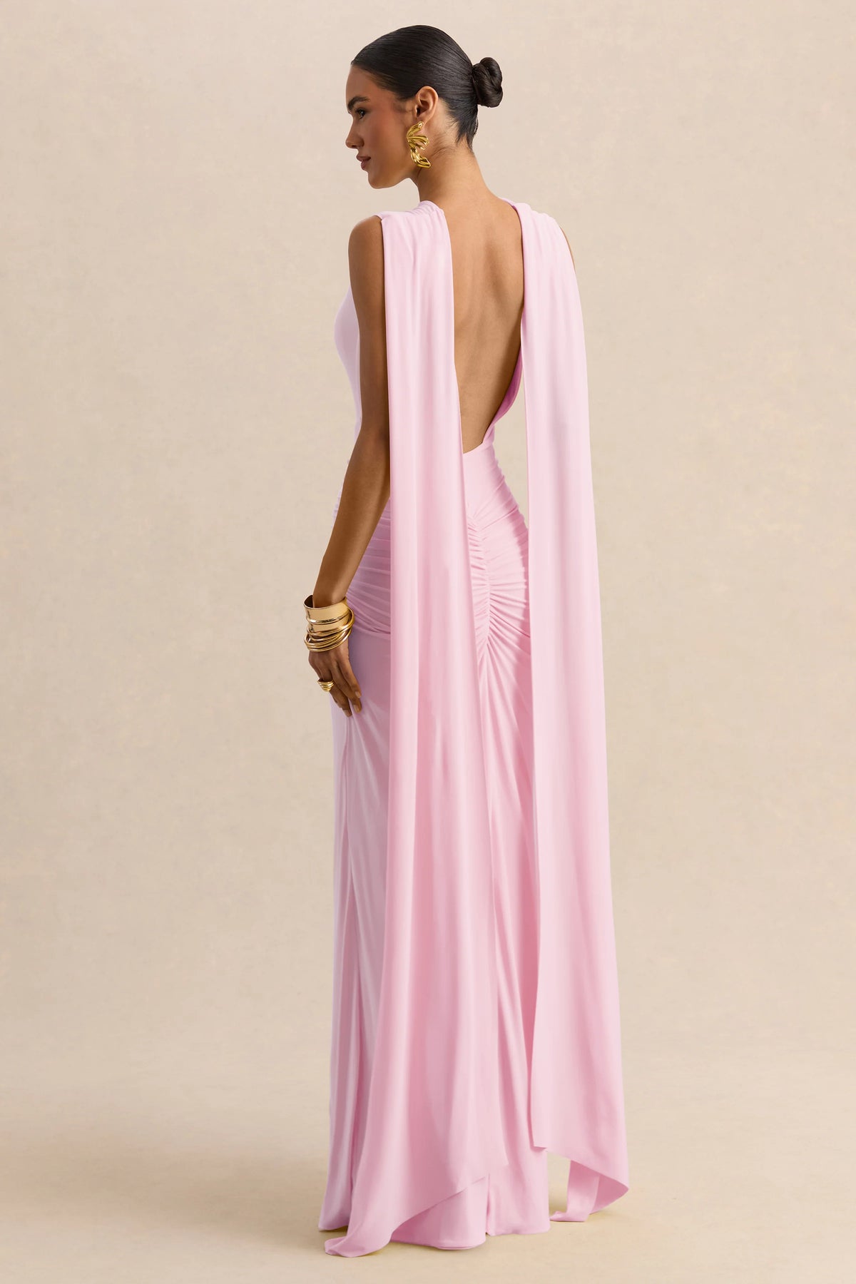 Premiere | Light Pink Boat-Neck Maxi Dress With Cape-Sleeves And Open-Back