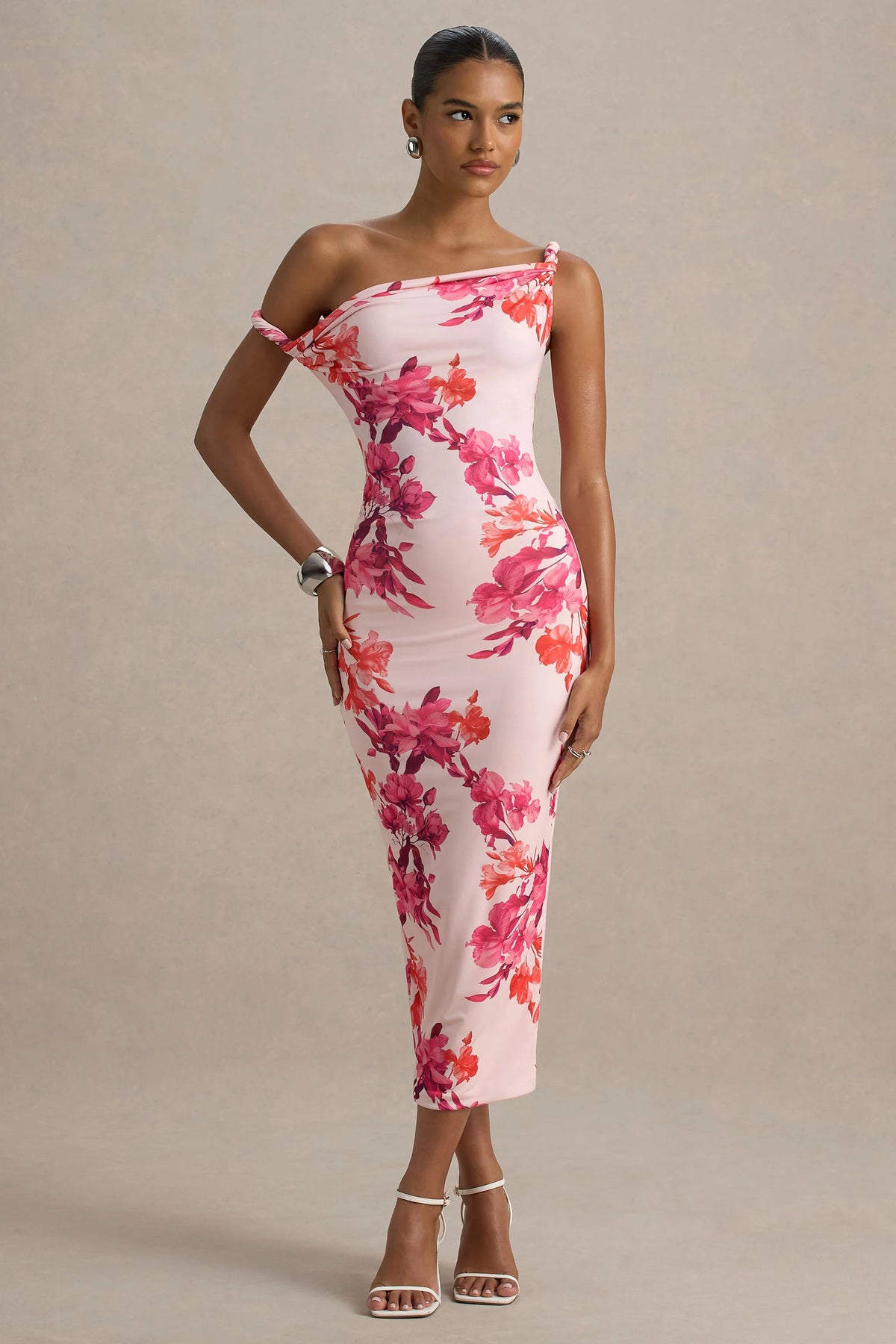 Tatian | Pink and Orange Floral Print Twisted Asymmetric Midi Dress