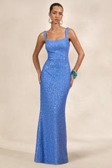 Lucelle | Powder Blue Sequin Scoop-Neck Maxi Dress