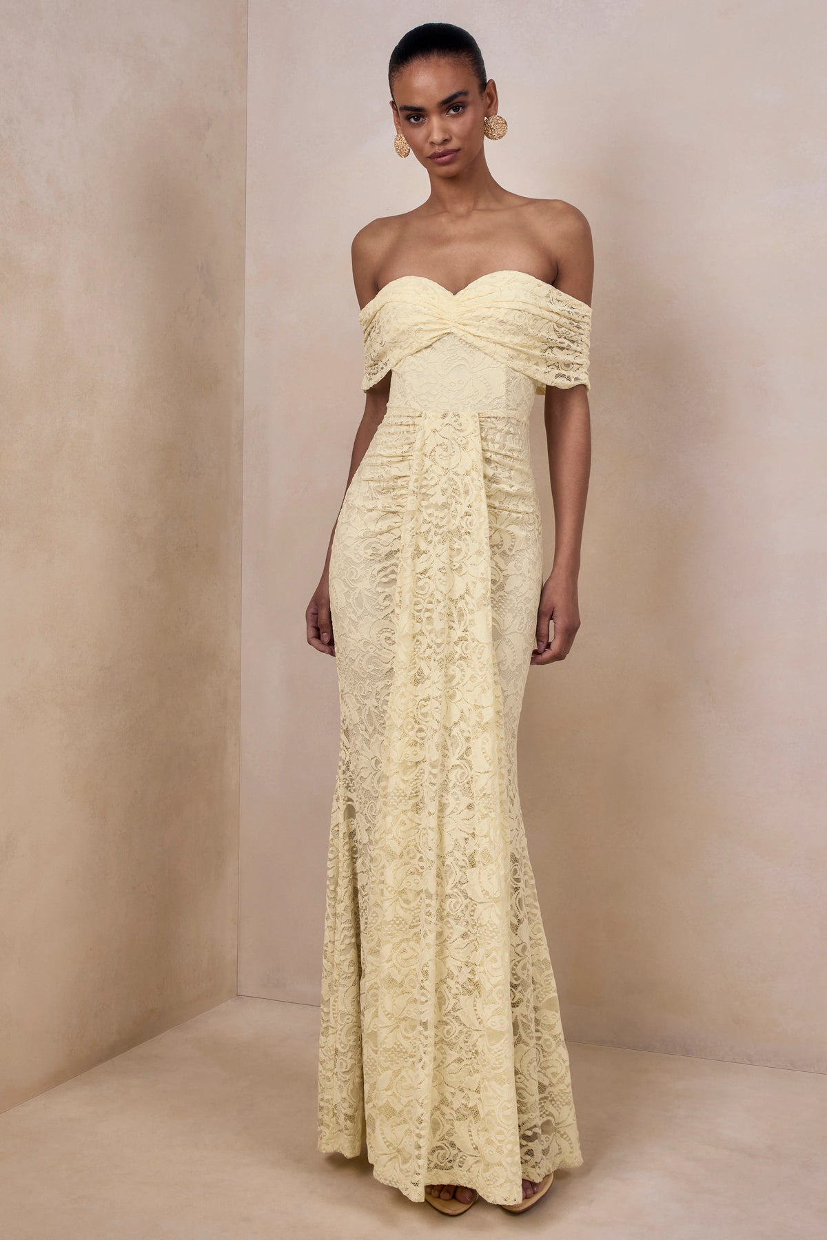 Aries | Lemon Lace Bardot-Neck Maxi Dress With Gathered Detailing
