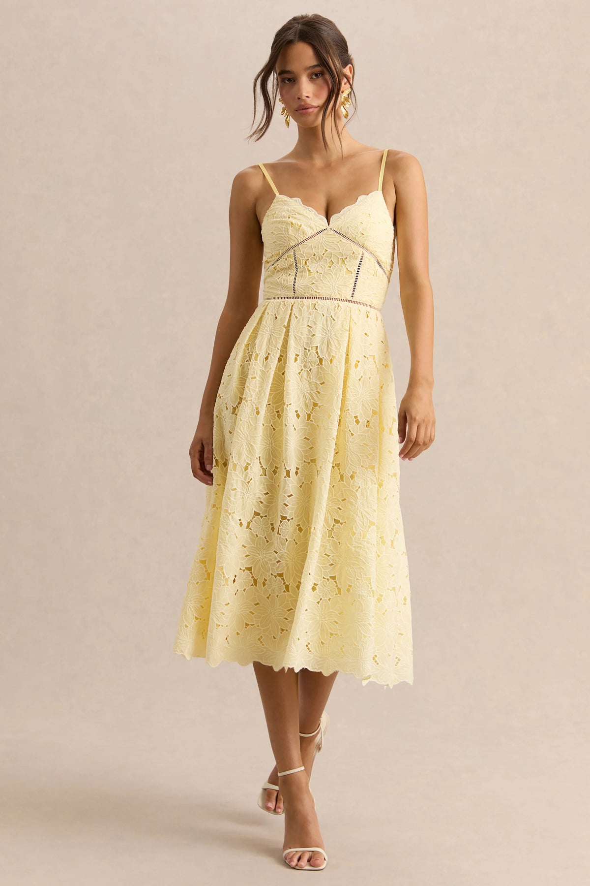 Nicoline | Lemon Lace Sweetheart Midi Dress With Cami Straps