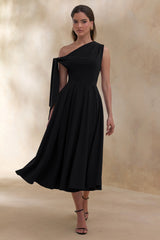 Daring | Black Asymmetric-Neck Midi Dress With Knot-Detail