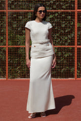 Whispera | Cream Crew-Neck Maxi Dress With Satin Skirt And Pocket-Details