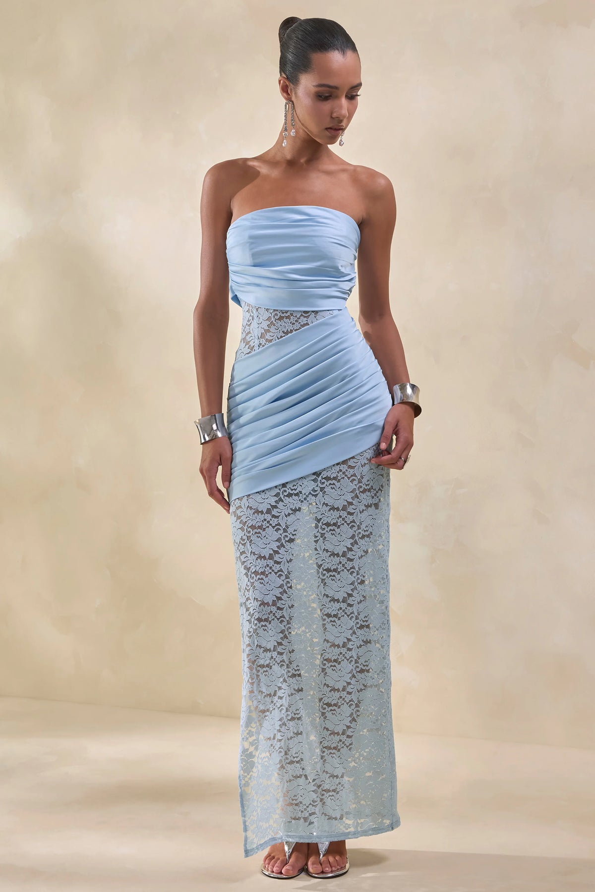 Dulcie | Powder Blue Lace And Satin Bandeau Maxi Dress With Wrap-Details