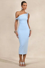 Sarafina | Light Blue Twisted Asymmetric-Neck Midi Dress