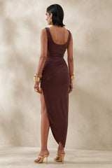 Jaylani | Brown Scoop-Neck Midi Dress With Draped-Detailing