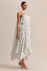 Caluna | White And Black Polka Dot Satin Asymmetric-Neck Midi Dress With Scarf-Detail