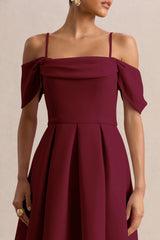 Cosima | Burgundy Bardot-Neck Midi Dress