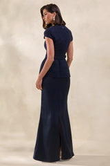Whispera | Navy Crew-Neck Maxi Dress With Satin Skirt And Pocket-Details