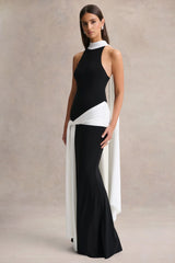 Dorinda | Black And White High-Neck Maxi Dress With Drape And Scarf-Detail