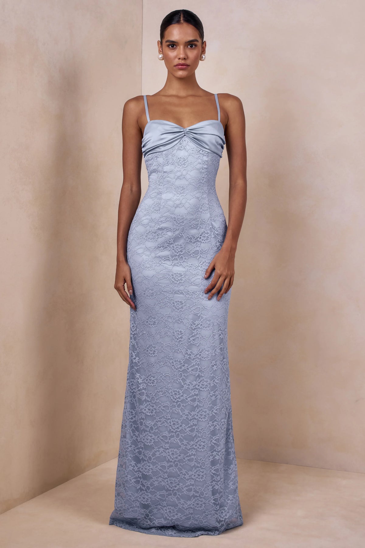 Juana | Powder Blue Lace And Satin Sweetheart-Neck Maxi Dress