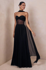 Lyvoria | Black Bandeau Maxi Dress With Mesh-Detail And Scarf