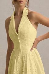 Jezebel | Yellow Lace Plunge-Neck Collared Midi Dress